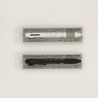 Two multi-function pens in blister packaging: white and black, labeled 0.7