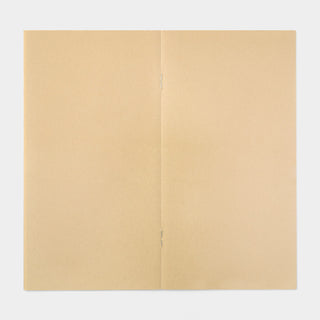 Kraft paper notebook, open tan-brown cover with center spine crease