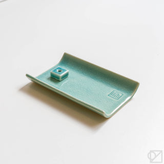 Yukari plate incense burner in glossy green ceramic with square incense holder and dish