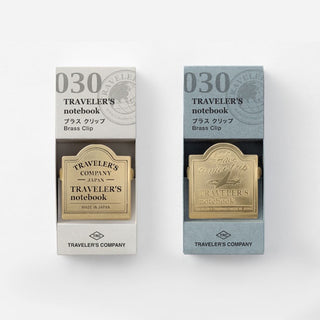 030 brass notebook clip set in gray retail box, Traveler's Company branding