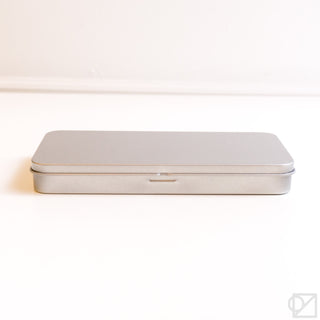 XL stainless steel flat pen case, hinged lid, brushed silver with small clasp