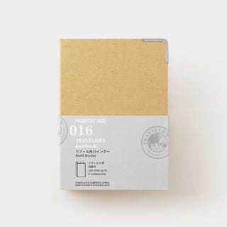 Traveler's notebook passport binder, tan archive cover with Passport 016 label