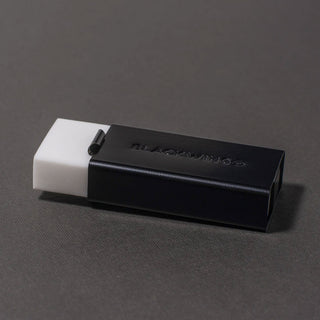 Blackwing soft eraser in black holder, shown side view