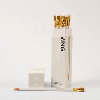 Pearl style graphite pencil 12-pack with gold ferrules and boxes labeled Pearl