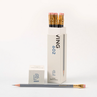 Graphite pencil 12-pack with gold ferrules, pink erasers, and 602 Natural display box