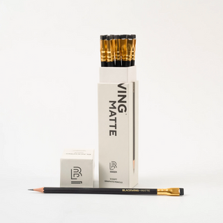 Matte style graphite pencil 12-pack with gold ferrules and boxes labeled Matte