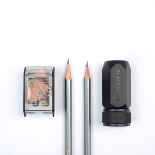 Blackwing long point pencil sharpener with clear shavings container and pencils
