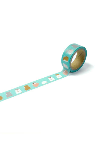Teal washi tape strip with repeated hamster and cup icons, unrolled view