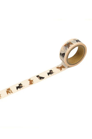 Shiba dog patterned washi tape on a roll, beige with black and tan dogs