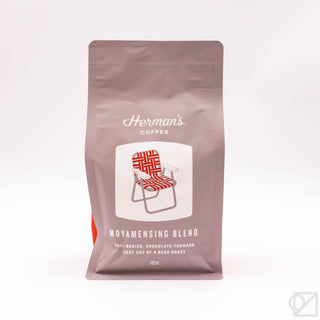 Herman's Coffee Moyamensing Blend 12oz pouch, light brown with red logo graphic