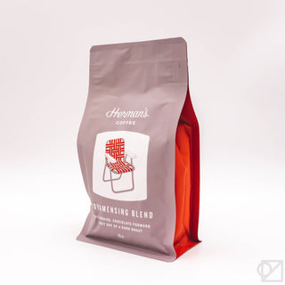Herman's Moyamensing Blend 12oz coffee pouch with side opening, light brown and red