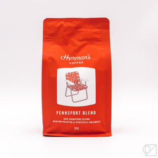 Red coffee bag with Herman's logo and Pennsport Blend label, 12oz