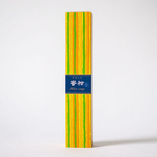 Tall striped incense stick box with a blue label band