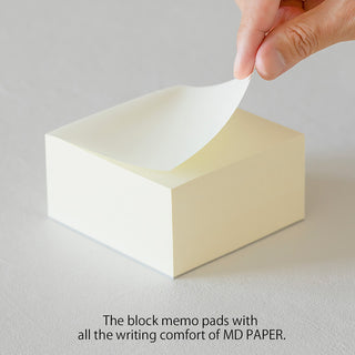 Cream blank memo pad block held in hand, square stack with exposed top sheet