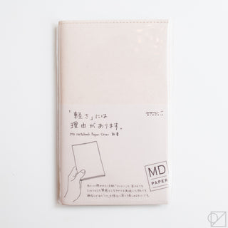 Beige notebook paper cover with printed instructions, diagram, and MD PAPER logo badge