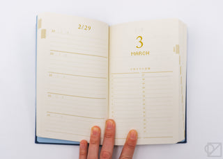 Open 5-year diary with dated monthly pages and navy spine, showing March page