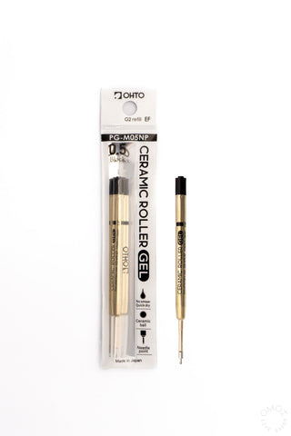 OHTO ceramic roller gel refill, 0.5mm tip, gold barrel, in clear sleeve