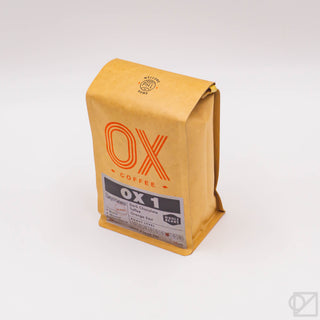 Whole bean coffee blend kraft bag with OX logo and OX 1 label