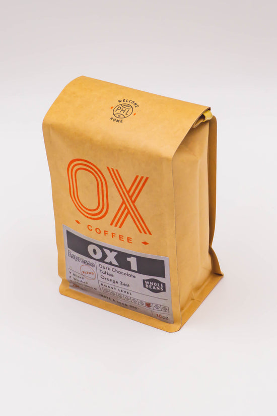 Whole bean coffee blend kraft bag with OX logo and OX 1 label