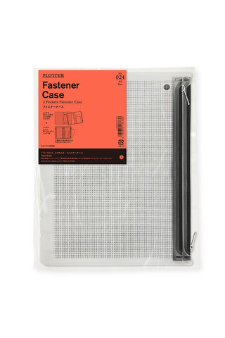 PLOTTER A5 fastener case with gray mesh pages and black fasteners, in clear packaging