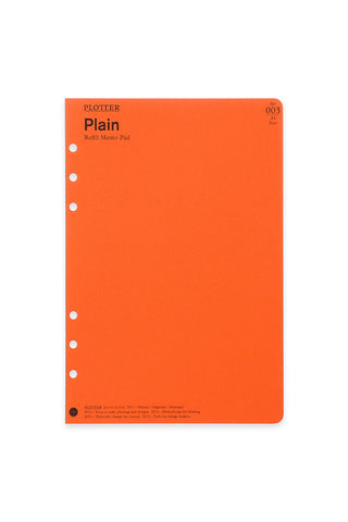 PLOTTER A5 refill memo pad, plain orange cover with punched binder holes and label.