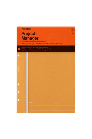 A5 orange PLOTTER Project Manager planner with white spine and ring-punched binder edge