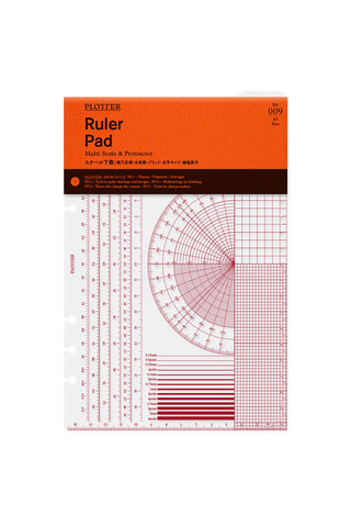 A5 ruler pad with printed protractor, grid, and measurement scales