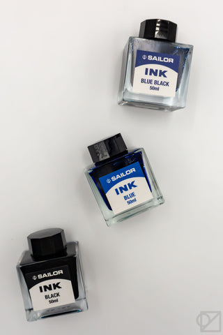 Sailor bottled ink set, blue-black 50ml, clear square bottles with black caps