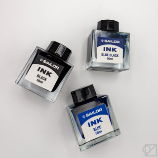Sailor blue-black ink bottles, 50ml, clear glass with black square caps (3)