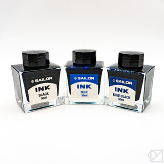 Three Sailor ink bottles, blue-black 50ml, clear glass with black caps