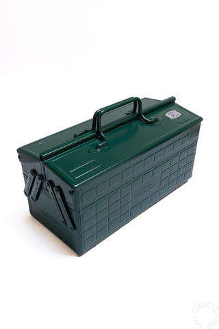 Antique green cantilever toolbox with carry handle and latch lid