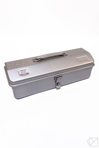 Silver metal toolbox with hinged lid, latch and carrying handle