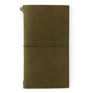 Olive notebook closed with wrap band and round snap button