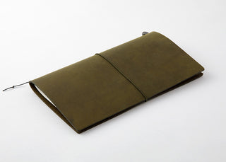 Olive notebook with wrap strap and loose cord, closed
