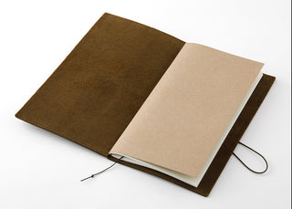 Olive notebook opened flat with light inner pages and elastic cord