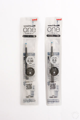 Uni-ball One pen refills in packaging, 0.38mm and 0.5mm tip sizes