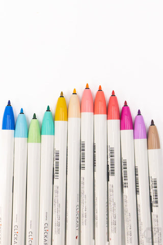 Close-up of retractable 12-color marker pens with printed labels and colored caps