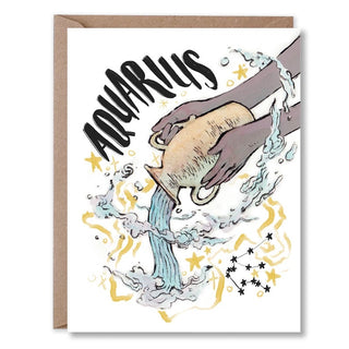 Aquarius birthday card with watercolor-style water pouring figures and star confetti