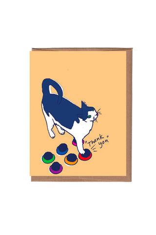 Cat thank-you card with blue cat painting buttons and 'Thank You' text