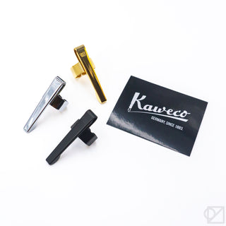 Assorted pen clips: gold, chrome, and black finishes with hinged clasp design