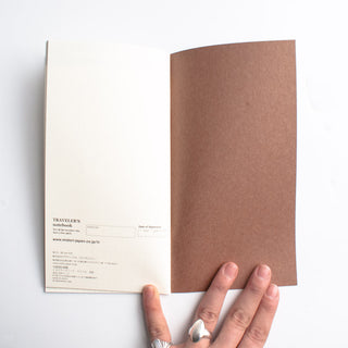 Traveler's notebook open to back cover with printed details and band-free pages