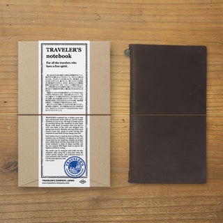 Dark brown leather-look Traveler's notebook with elastic band across cover