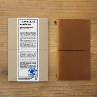 Traveler's notebook in camel brown, closed with elastic band