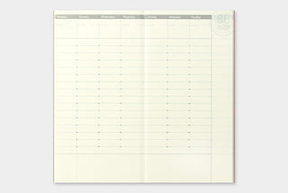 Open weekly planner pages with horizontal ruled sections and header row