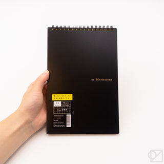 A5 spiral memo notebook, black cover with A5/70 sheets label, gold wire spiral
