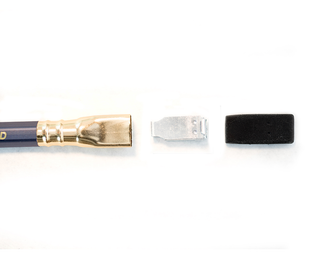 Close-up of a graphite pencil tip with gold ferrule, metal band, and eraser
