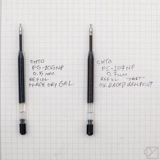 Two black gel pen refills on graph paper, each with 0.5 mm tip