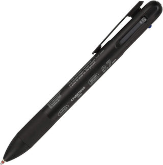 Black multi-function ballpoint pen shown at a different angle, with red accent tip