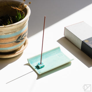Yukari plate incense burner, glossy green tray with upright incense stick on square base