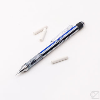 Blue and black mechanical pencil with retractable lead tip and spare white erasers